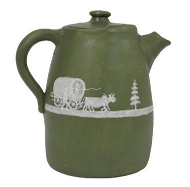 Stephen Cameo Pottery Pitcher with Lid - Covered Wagon Scene with House and Horse Rider - Stephen on Body - Marked Cameo Stephen Long Pine Arden, NC on Bottom - Pitcher Has Slit on Top Edge -...