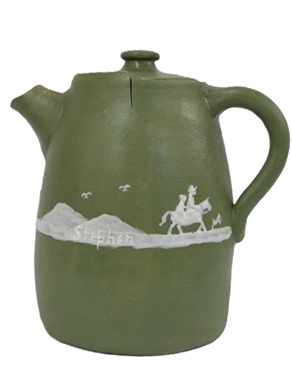 Stephen Cameo Pottery Pitcher with Lid - Covered Wagon Scene with House and Horse Rider - Stephen on Body - Marked Cameo Stephen Long Pine Arden, NC on Bottom - Pitcher Has Slit on Top Edge -...