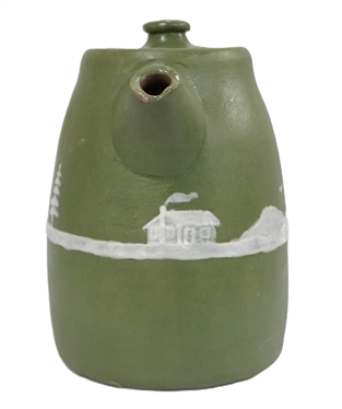 Stephen Cameo Pottery Pitcher with Lid - Covered Wagon Scene with House and Horse Rider - Stephen on Body - Marked Cameo Stephen Long Pine Arden, NC on Bottom - Pitcher Has Slit on Top Edge -...