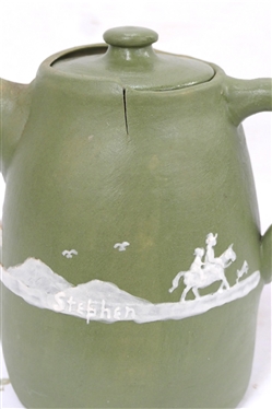 Stephen Cameo Pottery Pitcher with Lid - Covered Wagon Scene with House and Horse Rider - Stephen on Body - Marked Cameo Stephen Long Pine Arden, NC on Bottom - Pitcher Has Slit on Top Edge -...