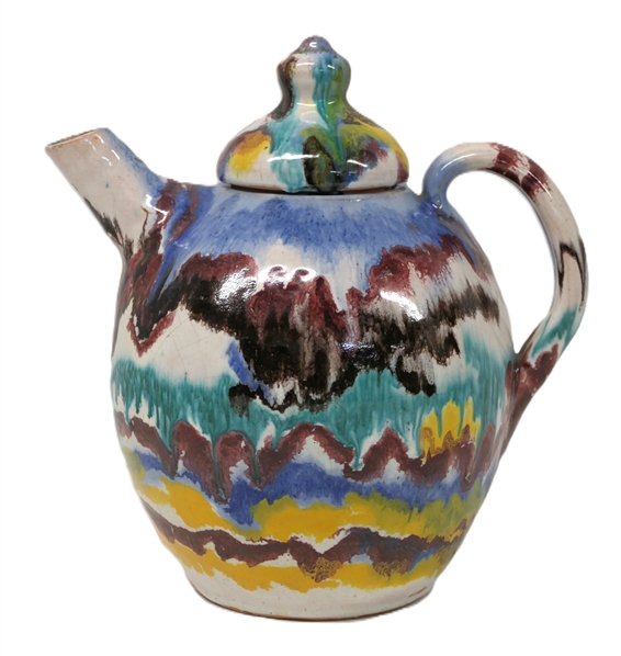 Beautiful North Carolian Pottery Multi Color Rainbow Pottery Tea Pot - Attributed to Early 1940s A.R. Cole -Sanford NC Potter - Beautiful Multi Color Glaze - Tea Pot is Approx. 9 1/2" Tall with...