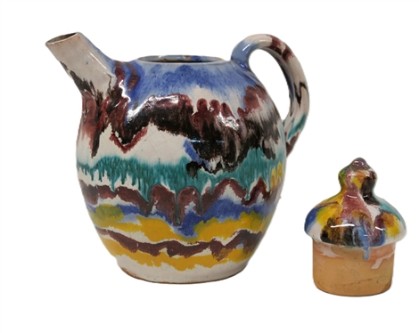 Beautiful North Carolian Pottery Multi Color Rainbow Pottery Tea Pot - Attributed to Early 1940''s A.R. Cole -Sanford NC Potter - Beautiful Multi Color Glaze - Tea Pot is Approx. 9 1/2 Tall with...