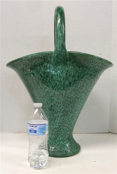 Very Large North Carolina Pottery Basket with Pretty Green / White Malachite Glaze - Basket is 22" Tall Including Handle - 15 1/4" Across - Large Chunk Out of Bottom - See Photo 