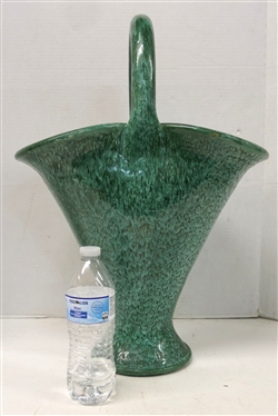Very Large North Carolina Pottery Basket with Pretty Green / White Malachite Glaze - Basket is 22 Tall Including Handle - 15 1/4 Across - Large Chunk Out of Bottom - See Photo 