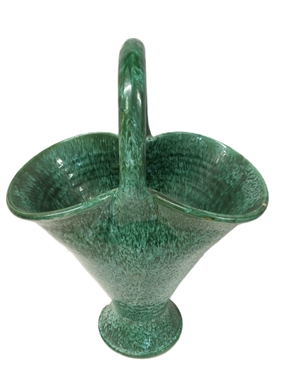 Very Large North Carolina Pottery Basket with Pretty Green / White Malachite Glaze - Basket is 22 Tall Including Handle - 15 1/4 Across - Large Chunk Out of Bottom - See Photo 