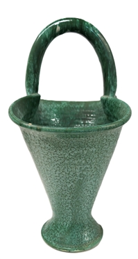 Very Large North Carolina Pottery Basket with Pretty Green / White Malachite Glaze - Basket is 22 Tall Including Handle - 15 1/4 Across - Large Chunk Out of Bottom - See Photo 