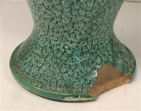 Very Large North Carolina Pottery Basket with Pretty Green / White Malachite Glaze - Basket is 22 Tall Including Handle - 15 1/4 Across - Large Chunk Out of Bottom - See Photo 