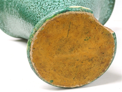 Very Large North Carolina Pottery Basket with Pretty Green / White Malachite Glaze - Basket is 22 Tall Including Handle - 15 1/4 Across - Large Chunk Out of Bottom - See Photo 