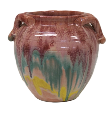 North Carolina Rainbow Pottery Apothecary Jar - Multi Colored Glaze with Pink Background and Interior - Unsigned Vessel is 7 Tall 7 1/2 Wide