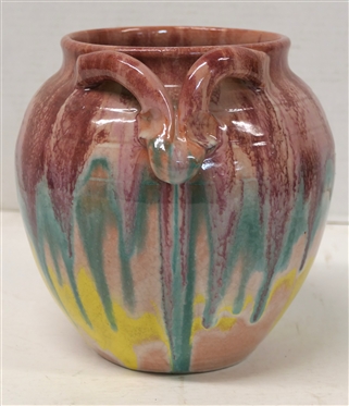 North Carolina Rainbow Pottery Apothecary Jar - Multi Colored Glaze with Pink Background and Interior - Unsigned Vessel is 7 Tall 7 1/2 Wide