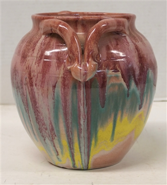 North Carolina Rainbow Pottery Apothecary Jar - Multi Colored Glaze with Pink Background and Interior - Unsigned Vessel is 7 Tall 7 1/2 Wide