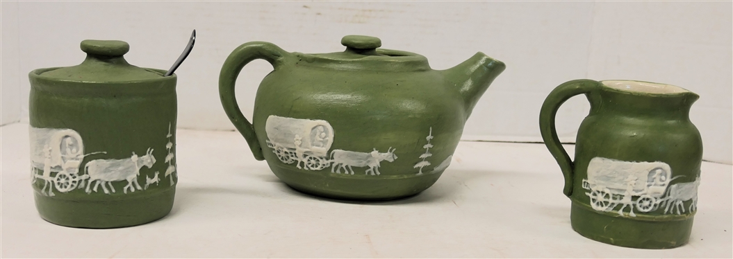 W.B. Stephen -1959  Pisgah Forest Cameo Pottery Tea Set - Tea Pot, Cream, and Sugar with Lid - All Dated 1959 - Covered Wagon Scenes - Marked Cameo Stephen Long Pine Arden NC- Tea Pot is 4 1/4...