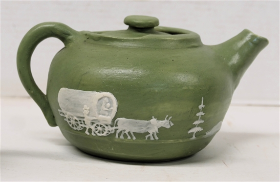W.B. Stephen -1959  Pisgah Forest Cameo Pottery Tea Set - Tea Pot, Cream, and Sugar with Lid - All Dated 1959 - Covered Wagon Scenes - Marked Cameo Stephen Long Pine Arden NC- Tea Pot is 4 1/4...