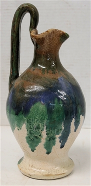 North Carolina Rainbow / Cole Pottery Rebecca Pitcher - White Body with Green, Blue, and Brown Glazes - Pitcher is 10 Tall To Top of Handle - Unmarked