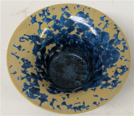 Adrianna Pazmany Crystalline Art Pottery Bowl / Vessel - Tan Background with Brilliant Blue Crystals - Artist Signed on Bottom - Vessel is 4 1/2 Tall 8 1/4 Across