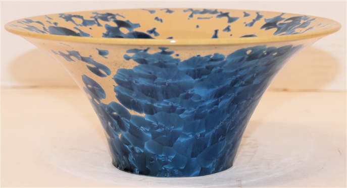 Adrianna Pazmany Crystalline Art Pottery Bowl / Vessel - Tan Background with Brilliant Blue Crystals - Artist Signed on Bottom - Vessel is 4 1/2 Tall 8 1/4 Across