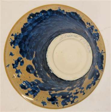 Adrianna Pazmany Crystalline Art Pottery Bowl / Vessel - Tan Background with Brilliant Blue Crystals - Artist Signed on Bottom - Vessel is 4 1/2 Tall 8 1/4 Across