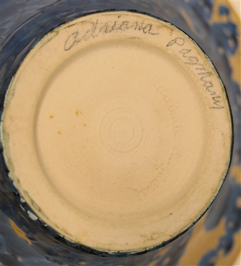 Adrianna Pazmany Crystalline Art Pottery Bowl / Vessel - Tan Background with Brilliant Blue Crystals - Artist Signed on Bottom - Vessel is 4 1/2 Tall 8 1/4 Across