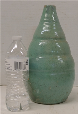 Light Seafoam / Turquoise Green Vase - Ribbed Body - Narrow Top - Vase is 12 1/4 Tall - Small Glaze Flakes on Body - See Photo 