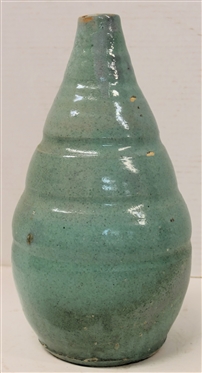 Light Seafoam / Turquoise Green Vase - Ribbed Body - Narrow Top - Vase is 12 1/4 Tall - Small Glaze Flakes on Body - See Photo 