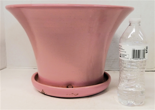 North Carolina Art Pottery Planter with Pink Glaze - Attached Saucer - Planter is 9 tall 13 1/2 Across