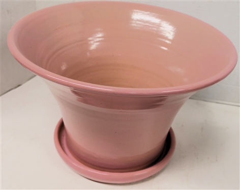 North Carolina Art Pottery Planter with Pink Glaze - Attached Saucer - Planter is 9 tall 13 1/2 Across
