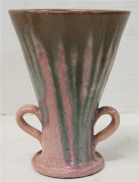 Cole Family North Carolina Art Pottery Double Handled Small Vase - Pink Glazed Background with Green Glaze Drips - Vase is 6" tall - 4 1/4" Across