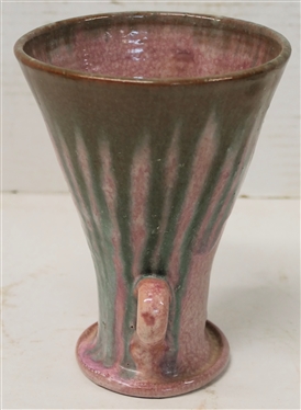 Cole Family North Carolina Art Pottery Double Handled Small Vase - Pink Glazed Background with Green Glaze Drips - Vase is 6 tall - 4 1/4 Across