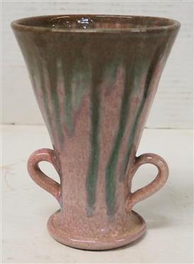 Cole Family North Carolina Art Pottery Double Handled Small Vase - Pink Glazed Background with Green Glaze Drips - Vase is 6 tall - 4 1/4 Across