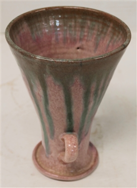 Cole Family North Carolina Art Pottery Double Handled Small Vase - Pink Glazed Background with Green Glaze Drips - Vase is 6 tall - 4 1/4 Across