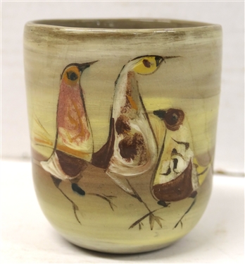Pillin Art Pottery Cup with Hand Decorated - 3 Birds - Signed on Bottom - Cup is 3 1/2 Tall - Pillin Pottery  - Los Angeles California, Polia (1909 - 1902) and William (1910 - 1985) Pillin