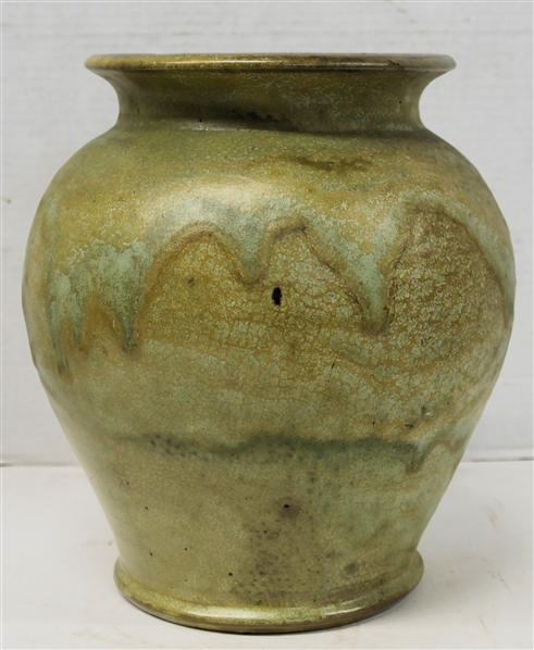 Large North State Pottery Vessel - Light Green and Brown Glaze - Vase Measures 10" tall 7" Across Top - Stamped North State Pottery - Sanford, NC - 1926 - 1938 Stamp - Small Chip in Top Edge 