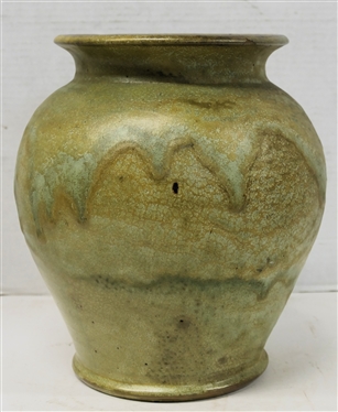 Large North State Pottery Vessel - Light Green and Brown Glaze - Vase Measures 10 tall 7 Across Top - Stamped North State Pottery - Sanford, NC - 1926 - 1938 Stamp - Small Chip in Top Edge 