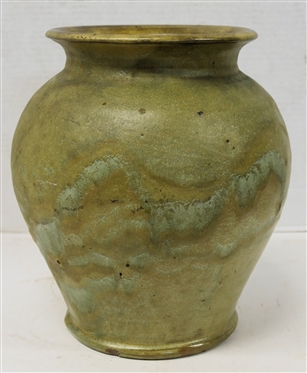 Large North State Pottery Vessel - Light Green and Brown Glaze - Vase Measures 10 tall 7 Across Top - Stamped North State Pottery - Sanford, NC - 1926 - 1938 Stamp - Small Chip in Top Edge 