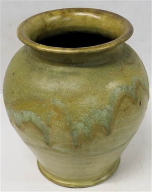 Large North State Pottery Vessel - Light Green and Brown Glaze - Vase Measures 10 tall 7 Across Top - Stamped North State Pottery - Sanford, NC - 1926 - 1938 Stamp - Small Chip in Top Edge 