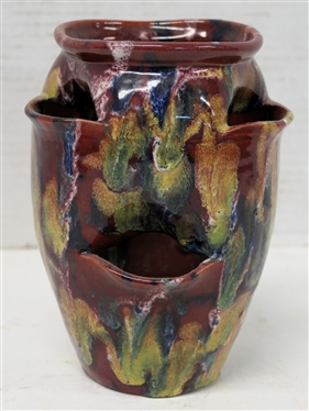 Beautiful A.R. Cole Sanford, N.C. Small Strawberry Planter - Dark Maroon Glazed Background with Blue, Green, and Yellow - Planter is 6 1/2 Tall 
