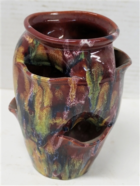 Beautiful A.R. Cole Sanford, N.C. Small Strawberry Planter - Dark Maroon Glazed Background with Blue, Green, and Yellow - Planter is 6 1/2 Tall 