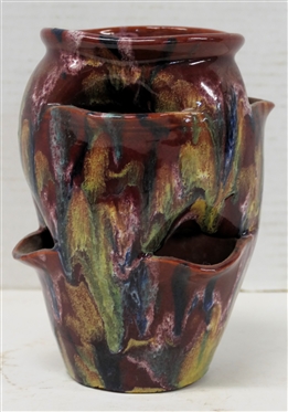 Beautiful A.R. Cole Sanford, N.C. Small Strawberry Planter - Dark Maroon Glazed Background with Blue, Green, and Yellow - Planter is 6 1/2 Tall 