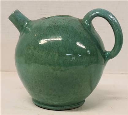 NC Art Pottery Ball Tea Pot - Turquoise Glaze - Round Spout - Pot Measures 7 Tall to Top of Handle - 9 Across (Spout to Handle) - Small Chips At Spout 