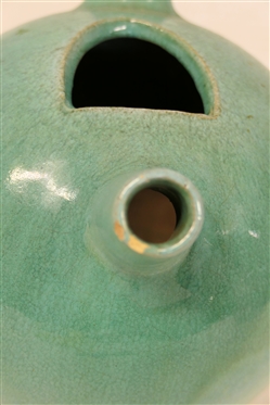 NC Art Pottery Ball Tea Pot - Turquoise Glaze - Round Spout - Pot Measures 7 Tall to Top of Handle - 9 Across (Spout to Handle) - Small Chips At Spout 