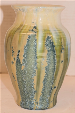 Outstanding Early 1930''s Pisgah Forest Crystalline Vase - White Glaze Background with Blue and Green Crystalline Glaze - Vase is 6 3/4 Tall 