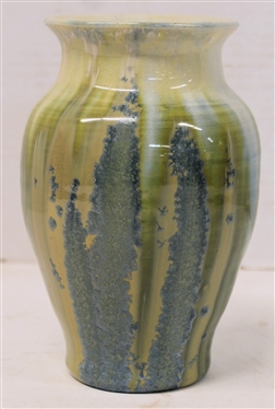 Outstanding Early 1930''s Pisgah Forest Crystalline Vase - White Glaze Background with Blue and Green Crystalline Glaze - Vase is 6 3/4 Tall 