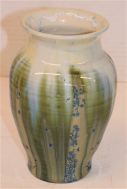 Outstanding Early 1930''s Pisgah Forest Crystalline Vase - White Glaze Background with Blue and Green Crystalline Glaze - Vase is 6 3/4 Tall 