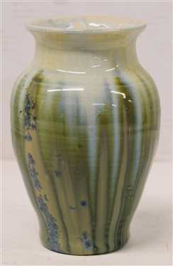 Outstanding Early 1930''s Pisgah Forest Crystalline Vase - White Glaze Background with Blue and Green Crystalline Glaze - Vase is 6 3/4 Tall 