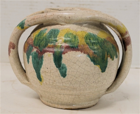 1926 - 1941 A.R. Cole - Rainbow Pottery Apothecary Jar - White Glaze Background with Green, Yellow, and Pink Rainbow Glaze - Jar is 5 Tall 6 wide - Stamped on Underside - 