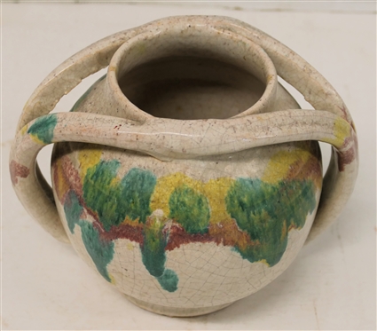 1926 - 1941 A.R. Cole - Rainbow Pottery Apothecary Jar - White Glaze Background with Green, Yellow, and Pink Rainbow Glaze - Jar is 5 Tall 6 wide - Stamped on Underside - 