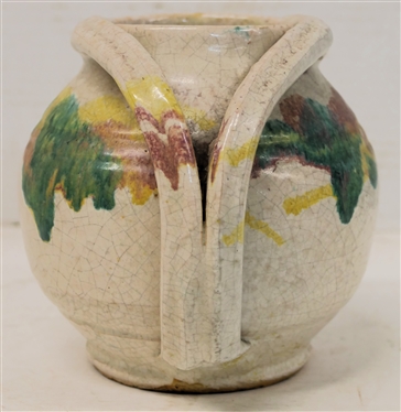 1926 - 1941 A.R. Cole - Rainbow Pottery Apothecary Jar - White Glaze Background with Green, Yellow, and Pink Rainbow Glaze - Jar is 5 Tall 6 wide - Stamped on Underside - 