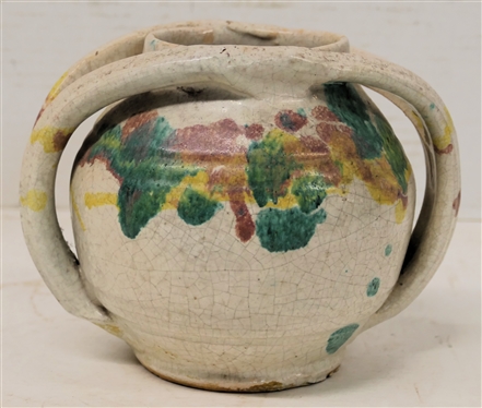 1926 - 1941 A.R. Cole - Rainbow Pottery Apothecary Jar - White Glaze Background with Green, Yellow, and Pink Rainbow Glaze - Jar is 5 Tall 6 wide - Stamped on Underside - 