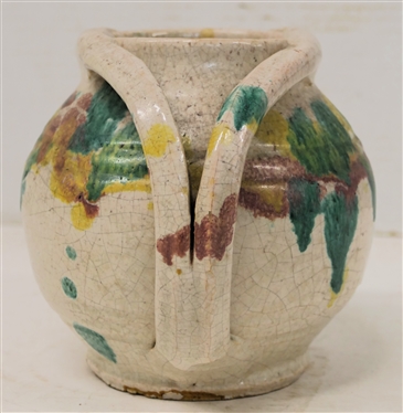 1926 - 1941 A.R. Cole - Rainbow Pottery Apothecary Jar - White Glaze Background with Green, Yellow, and Pink Rainbow Glaze - Jar is 5 Tall 6 wide - Stamped on Underside - 