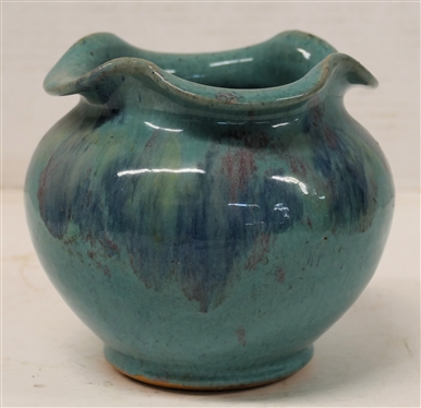 Royal Crown Pottery (1939 - 1942) Fluted Vase - Turquoise Blue Glaze with Blue and Pink -Stamped Royal Crown Handmade Pottery New York Vase is 4 7/8 tall 5 Across 
